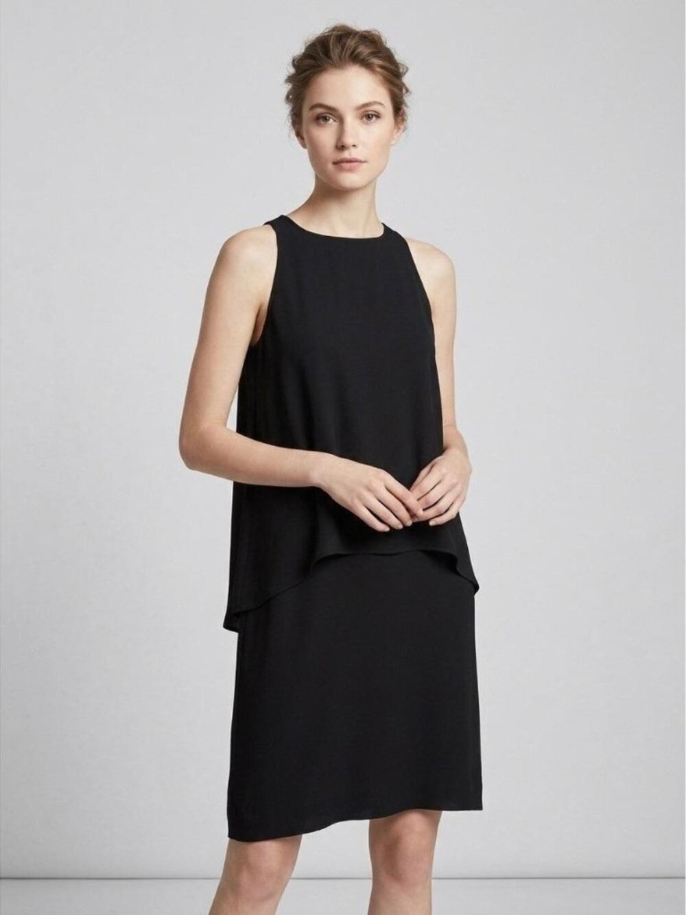 Theory Lyall Black Silk Tiered Double Layer Sleeveless Shift Dress 6